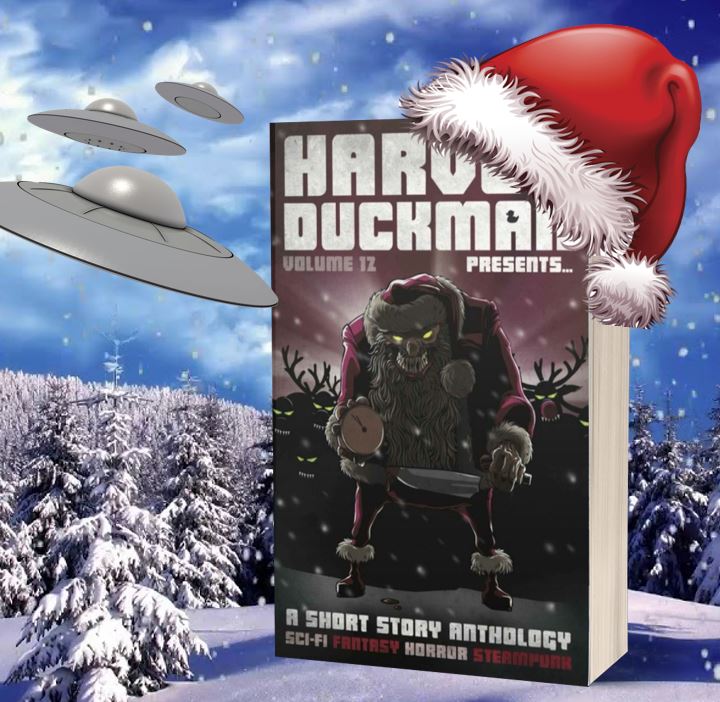 Harvey Duckman Presents Volume 12, in the snow with a Santa hat and UFOs flying past